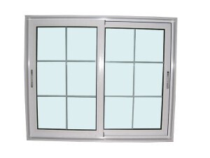 An image displays a white, dual-pane, sliding window.