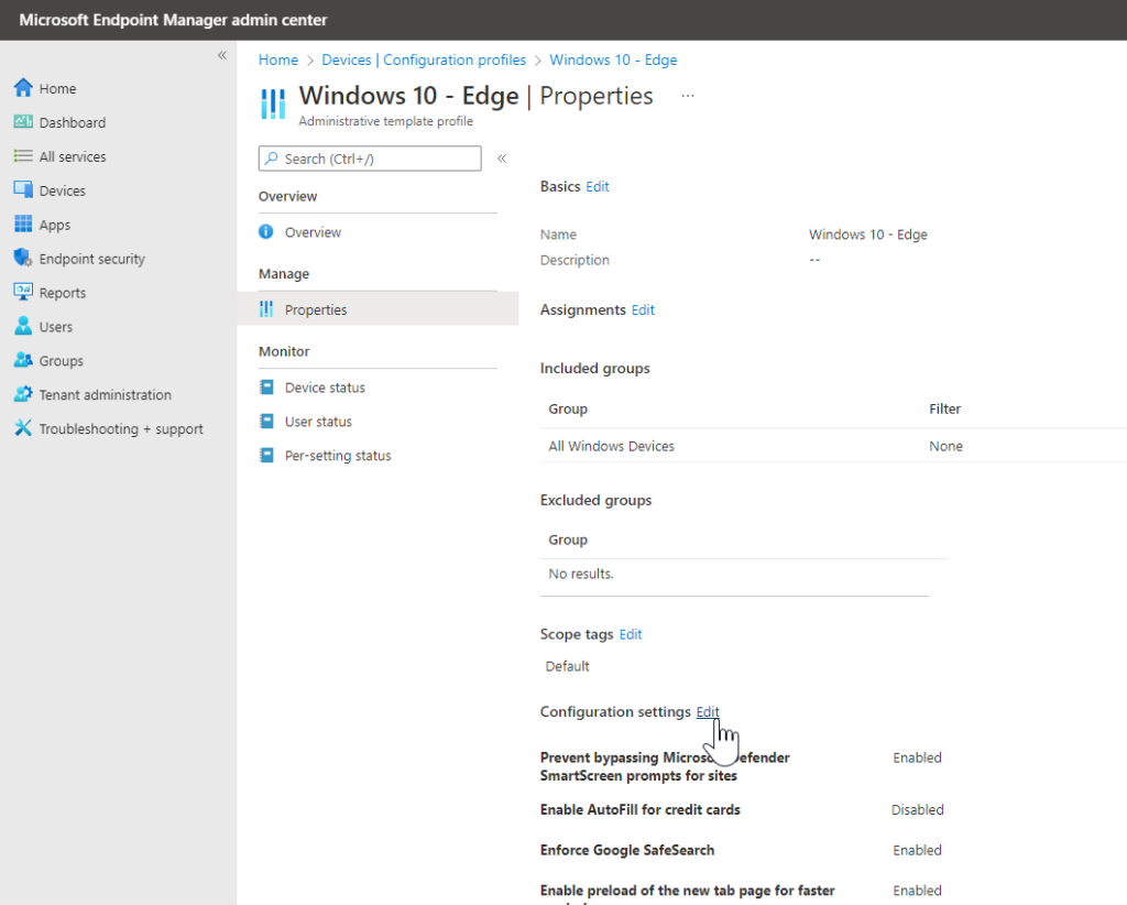 Preview of device properties.