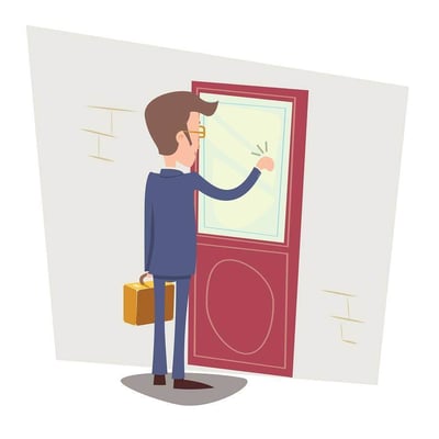 Oriented Happy Businessman with Briefcase Knocking at Customer D