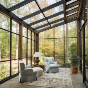 sunroom with large windows with trees outside