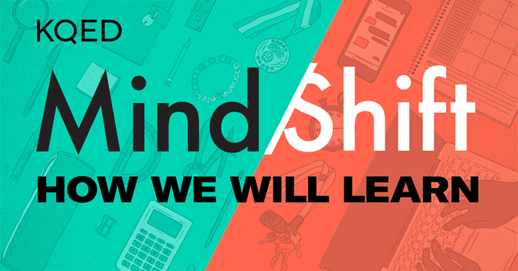 A rectangle that is half orange and half green with the words KQED MindShift How We Will Learn