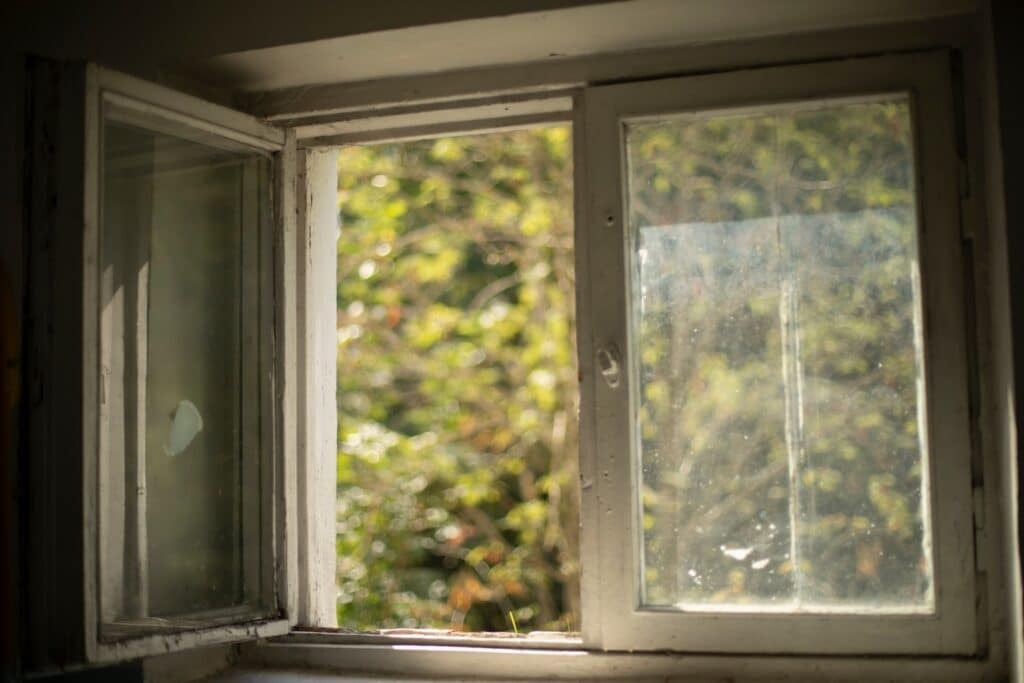 Old, single-pane, wooden window frame