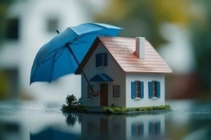 renters home insurance or mortgage protection concept with a 3D house model under a blue umbrella