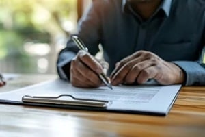 signing auto insurance policy with customer and salesman present symbolizing agreement and coverage