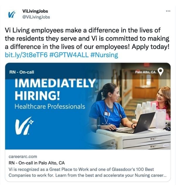 An example of how Vi Living uses CareerArc to leverage social media for recruitment
