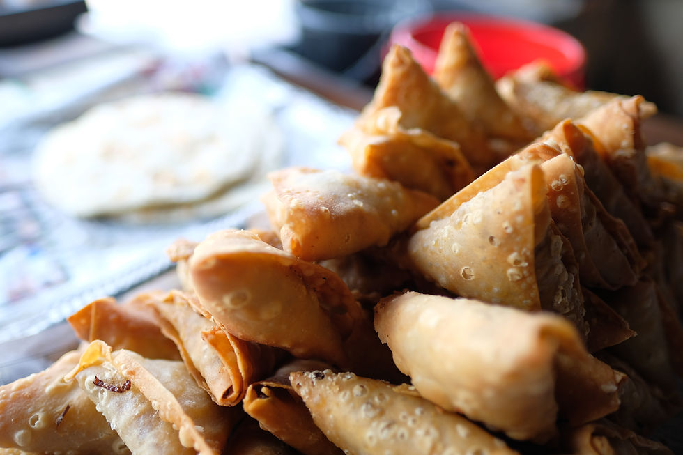 This is a picture of a plate filled with Indian Samosas.