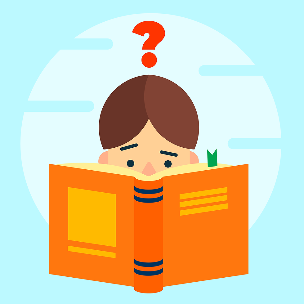 This is a picture of a cartoon man reading an orange book. The man has brown hair, and only his head is visible over the book. The man and the book are set against a light blue background, and there's a red question mark above his head. 