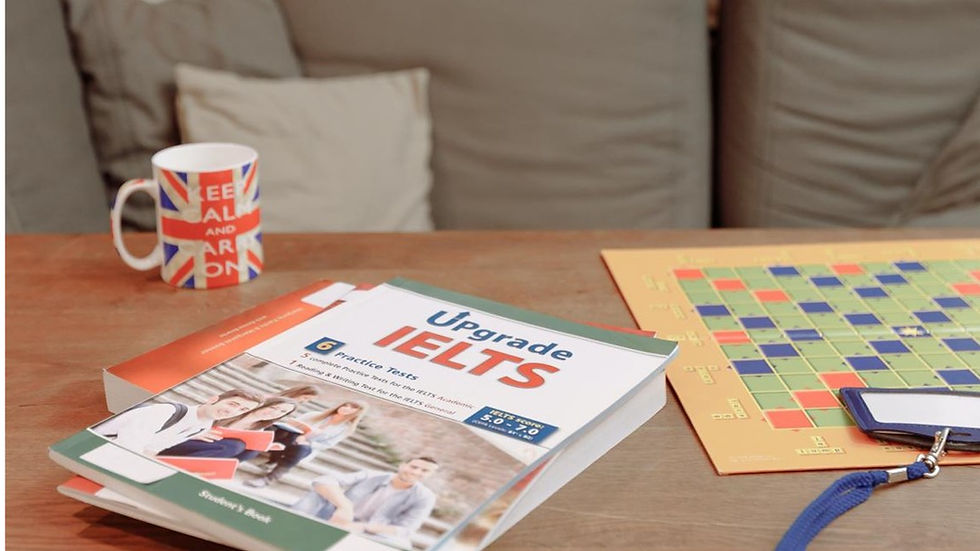 This is a picture of an IELTS testing book sitting on a coffee table.