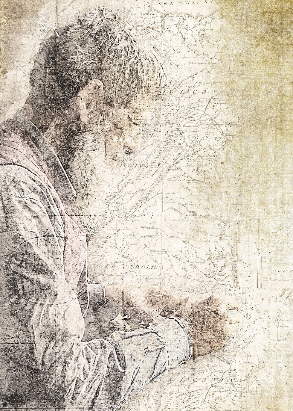 This is a picture of a map with a drawing of a man on top. We can see the profile of the man, who is writing something. The map is of the eastern United States.