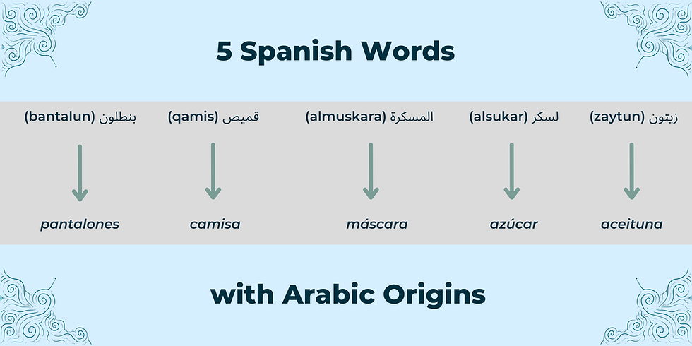This is an infographic translating five Spanish words into Arabic. 