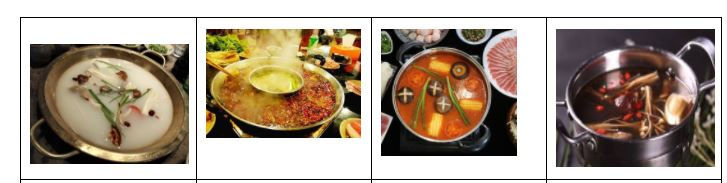 There are four pictures in a row, each showing a different bowl of soup. From left to right: yuan tang (Original Soup, a white soup with green and purple ingredients),  sì chuān má là (Spicy Soup, a reddish-brown soup),  fān qié tāng (Tomato Soup, a red soup with orange, green, and black ingredients), and mó gū tāng (Mushroom Soup, a dark purple soup with mushrooms and red garnishes)..