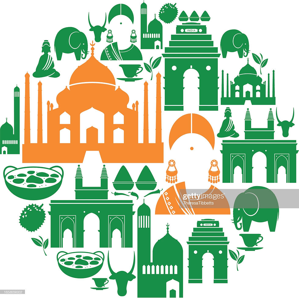 This is a picture of a variety of simple illustrations of cows, women, foods, elephants, and famous buildings. Most of the illustrations are green, but two are burnt orange. 