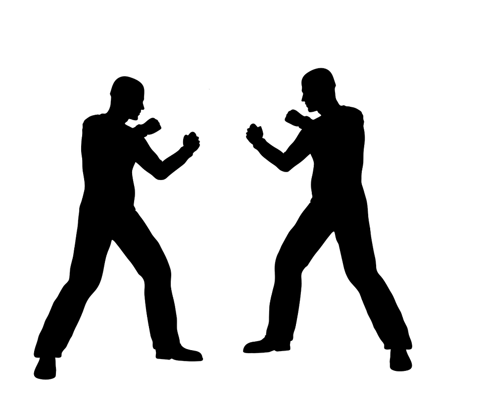 This is a picture of two silohuettes of men against a white background who are fighting each other. The men are facing each other and mirroring each other in a fighting stance with their fists up. 