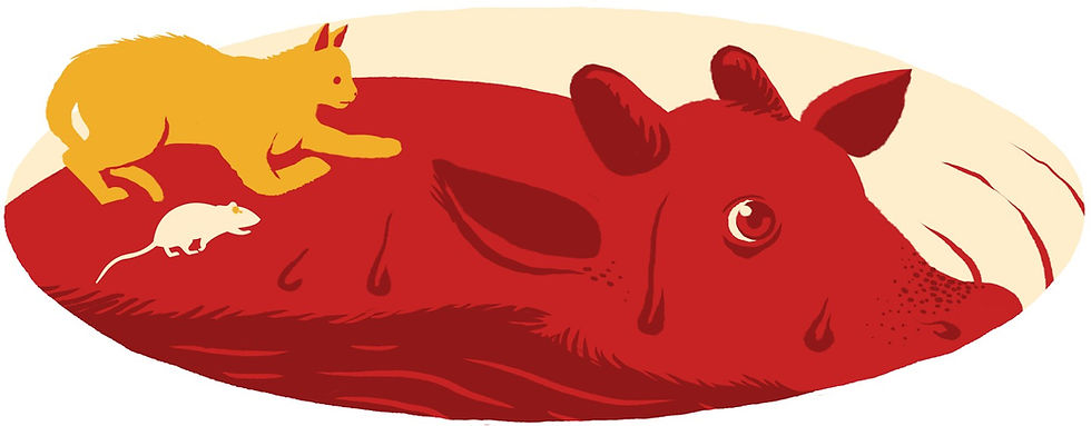 A cartoon image of a red Ox swimming through the river with a yellow cat and tan rat on his back.
