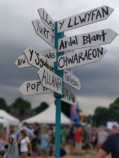 This is a picture of a signpost with arrows pointing in different directions. Each arrow has a name in a foreign language.