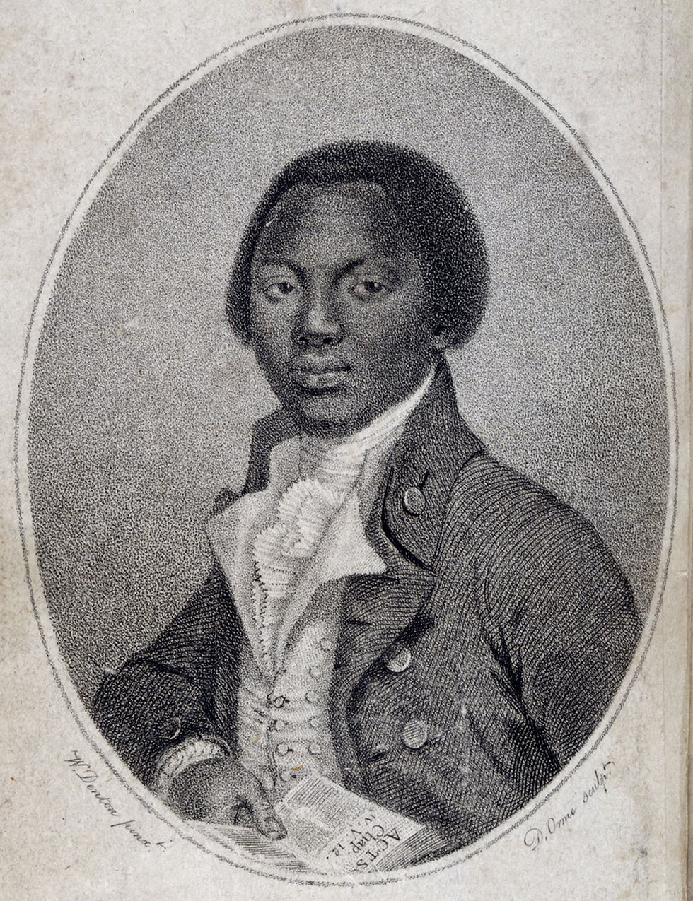 This is an illustration of Olaudah Equiano, a Black man. He's wearing a white dress shirt and a dark jacket that reflect the style of the time. 
