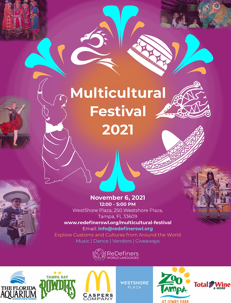 This is an image of a flyer advertising ReDefiners World Language's 2021 Multicultural Festival.