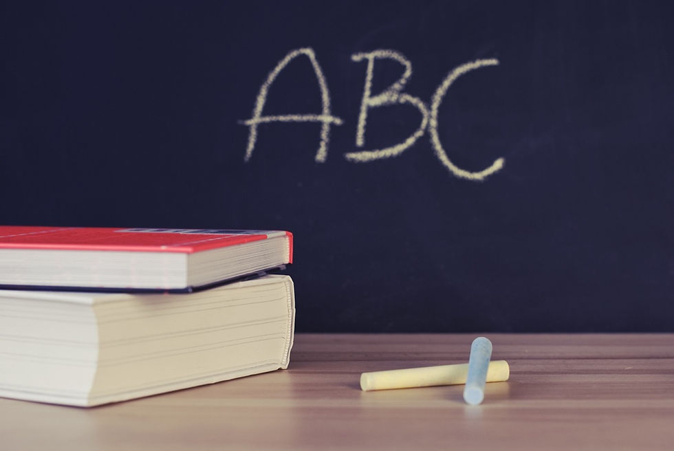 This is a picture of two books next to two pieces of chalk on a wooden desk. In the background, the letters "A," "B," and "C" are written in yellow chalk on a blackboard. 