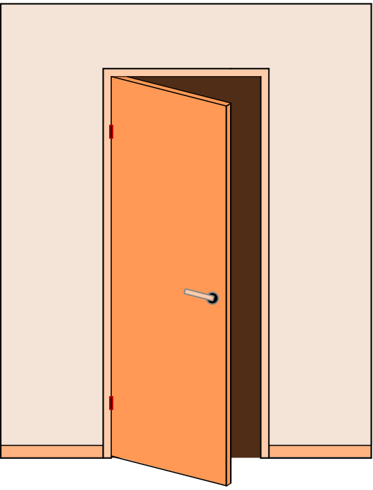 A graphic of an orange door that is slightly opened with a beige wall around it and orange trim on t…