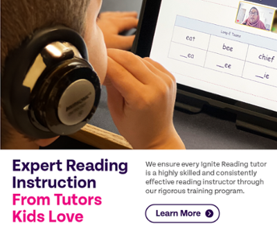 A photo of a child engaged in a reading tutoring session appears above that reads Expert Reading Instruction From Tutors Kids Love. We ensure every Ignite Reading tutor is a highly skilled and consistently effective instructor through our rigorous training program. Learn more.