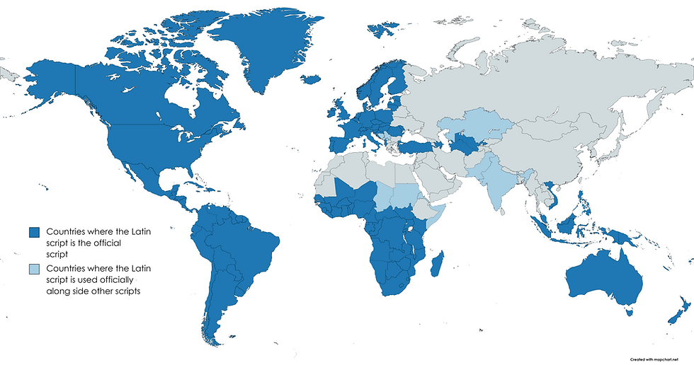 A map of countries that use the Latin script, the majority of which take the form the English alphabet.