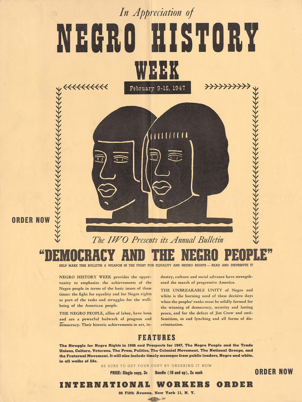 The 1947 Black History Month bulletin depicting the theme of the year: Democracy Possible Only Through Brotherhood