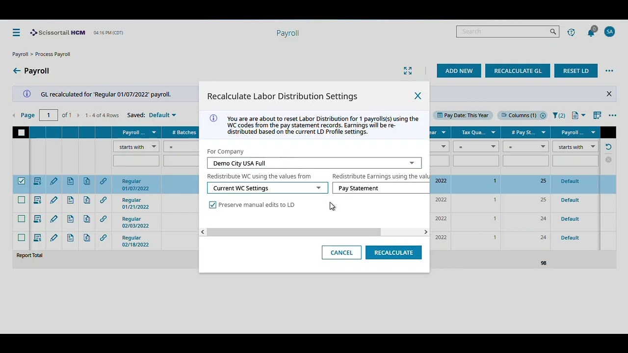 Recalculating GL, Workers Comp, and Labor Distribution in Team Payroll