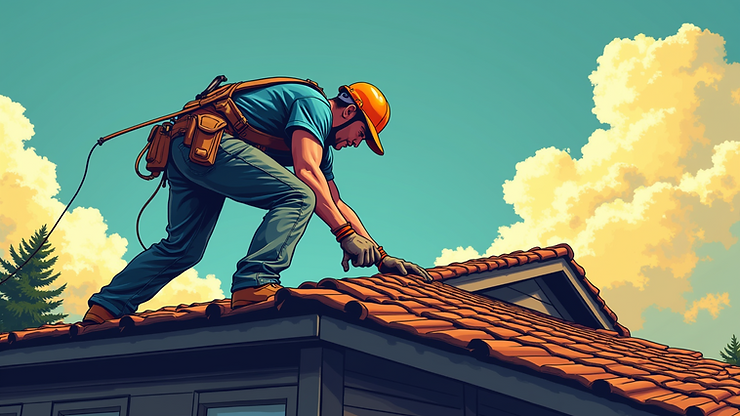 Eye-level view of a roofing contractor inspecting a residential roof