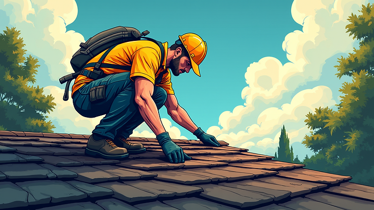 Eye-level view of a roofing contractor inspecting shingles on a residential roof