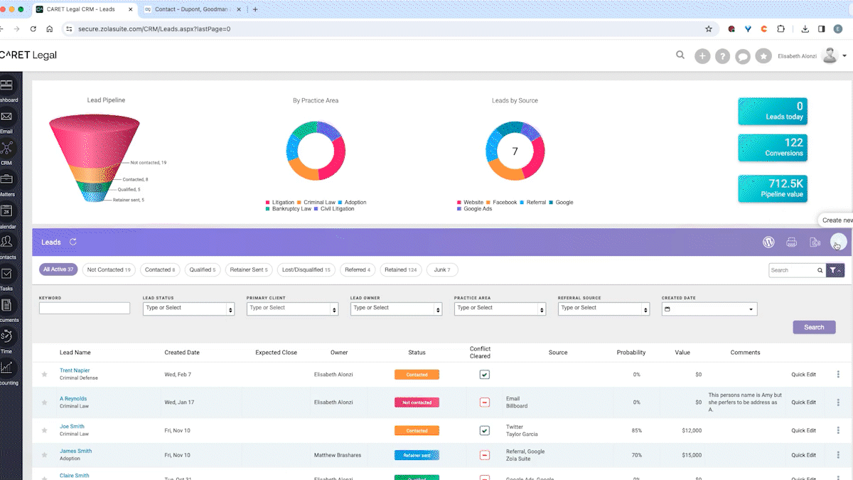 CARET Legal prospect and contact management tools