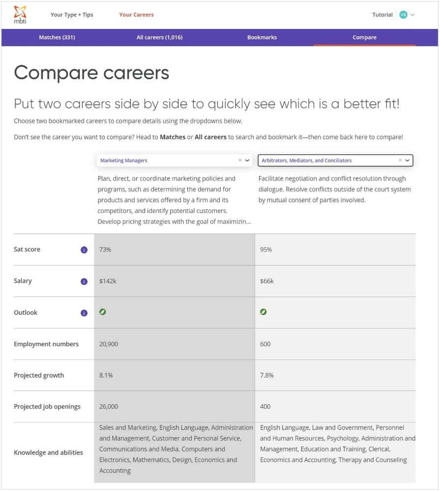 MBTI career compare screen shot