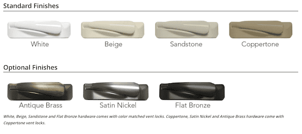 Seven casement window locks in different finishes: white, beige, sandstone, coppertone, antique bras…